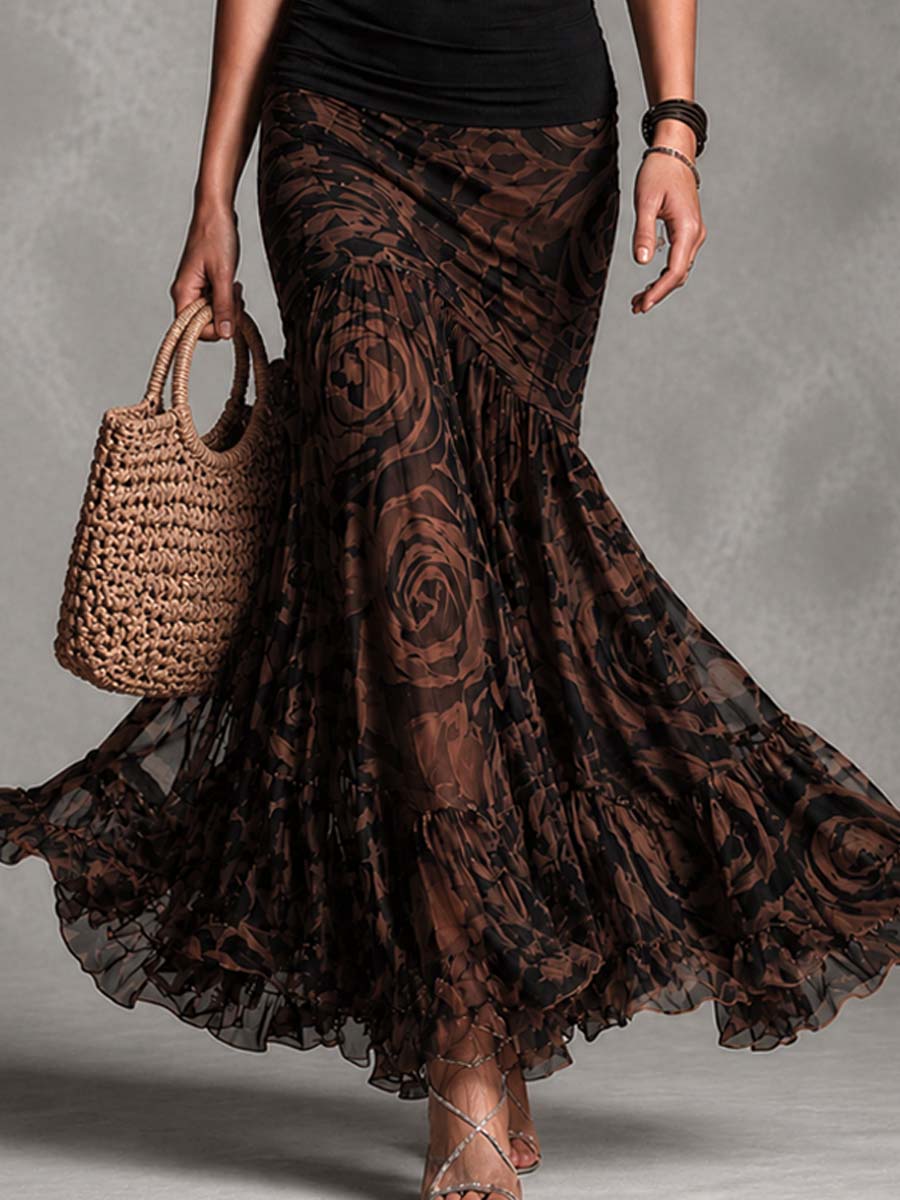 Rossana | Two-Piece Set: Black Halter Top and Rose Mesh Maxi Skirt