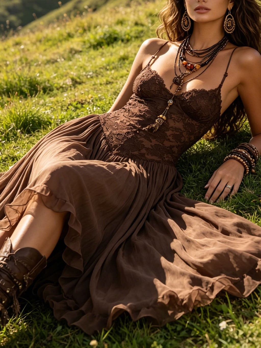 Federica | Maxi Dress in Chiffon and Brown Lace