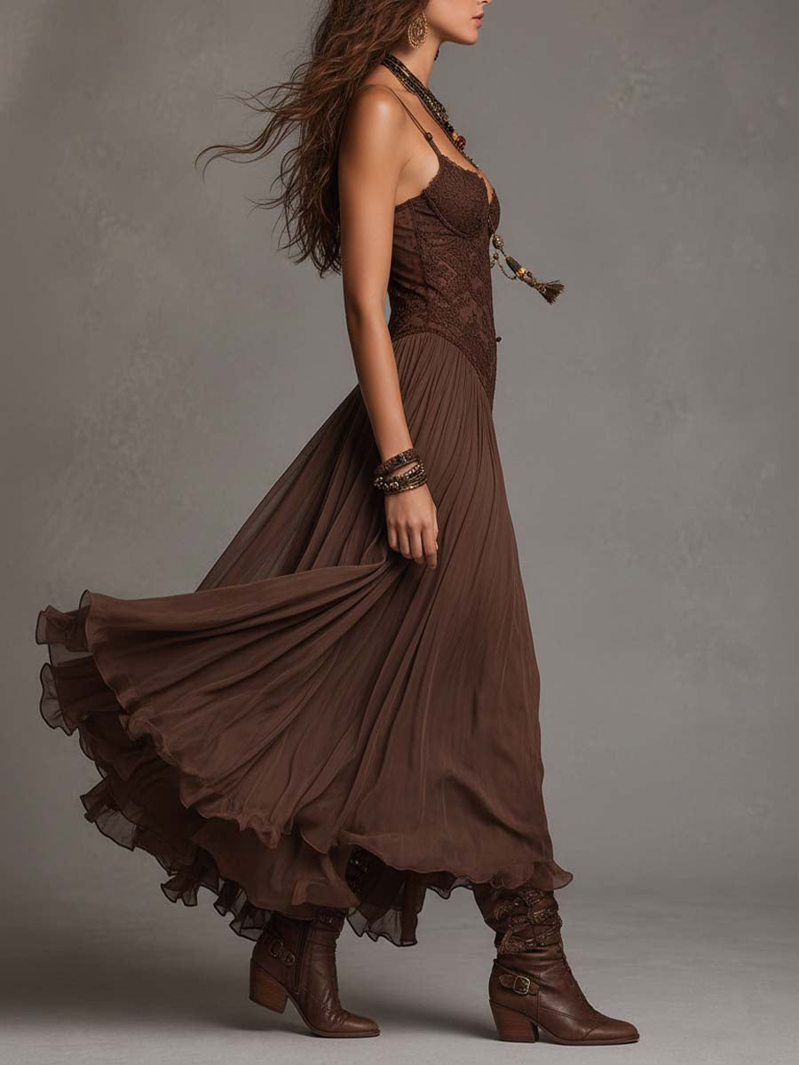 Federica | Maxi Dress in Chiffon and Brown Lace