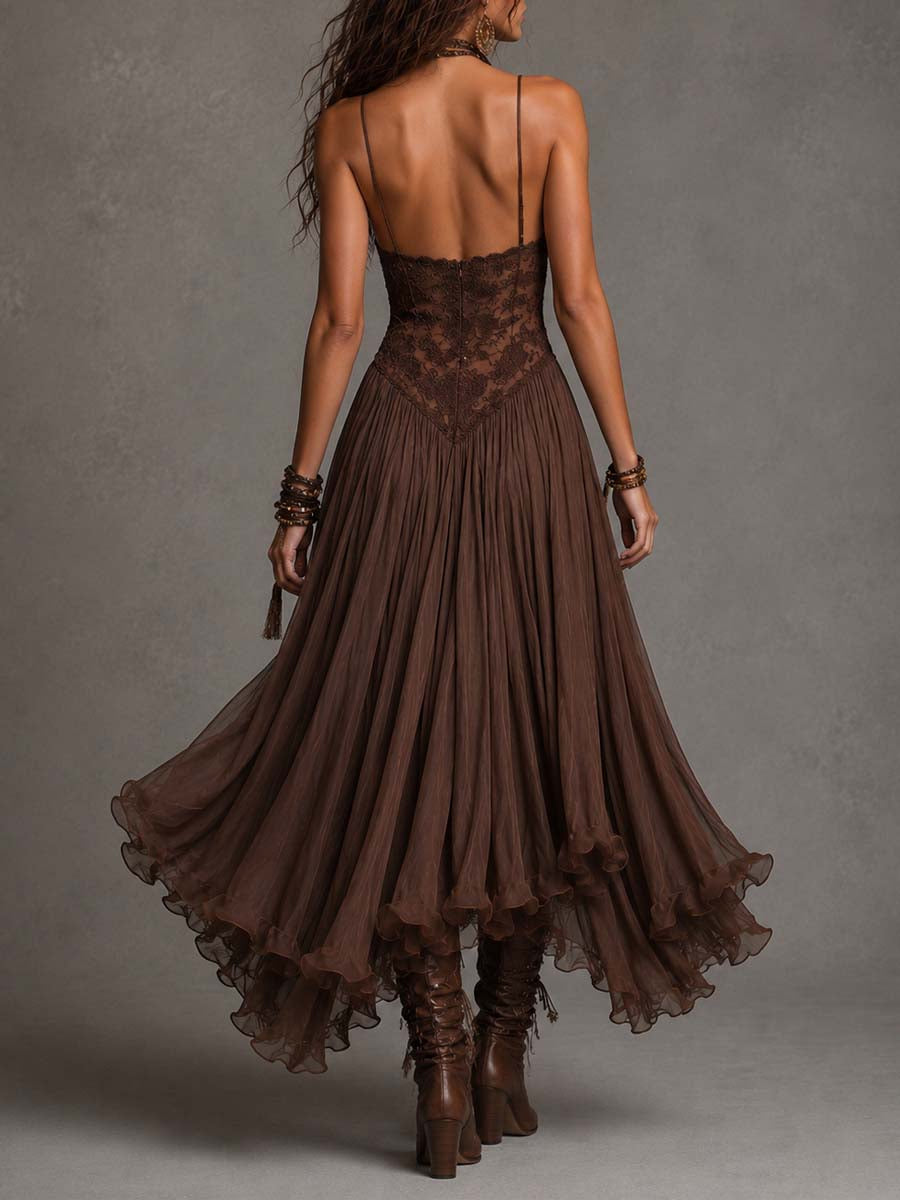 Federica | Maxi Dress in Chiffon and Brown Lace