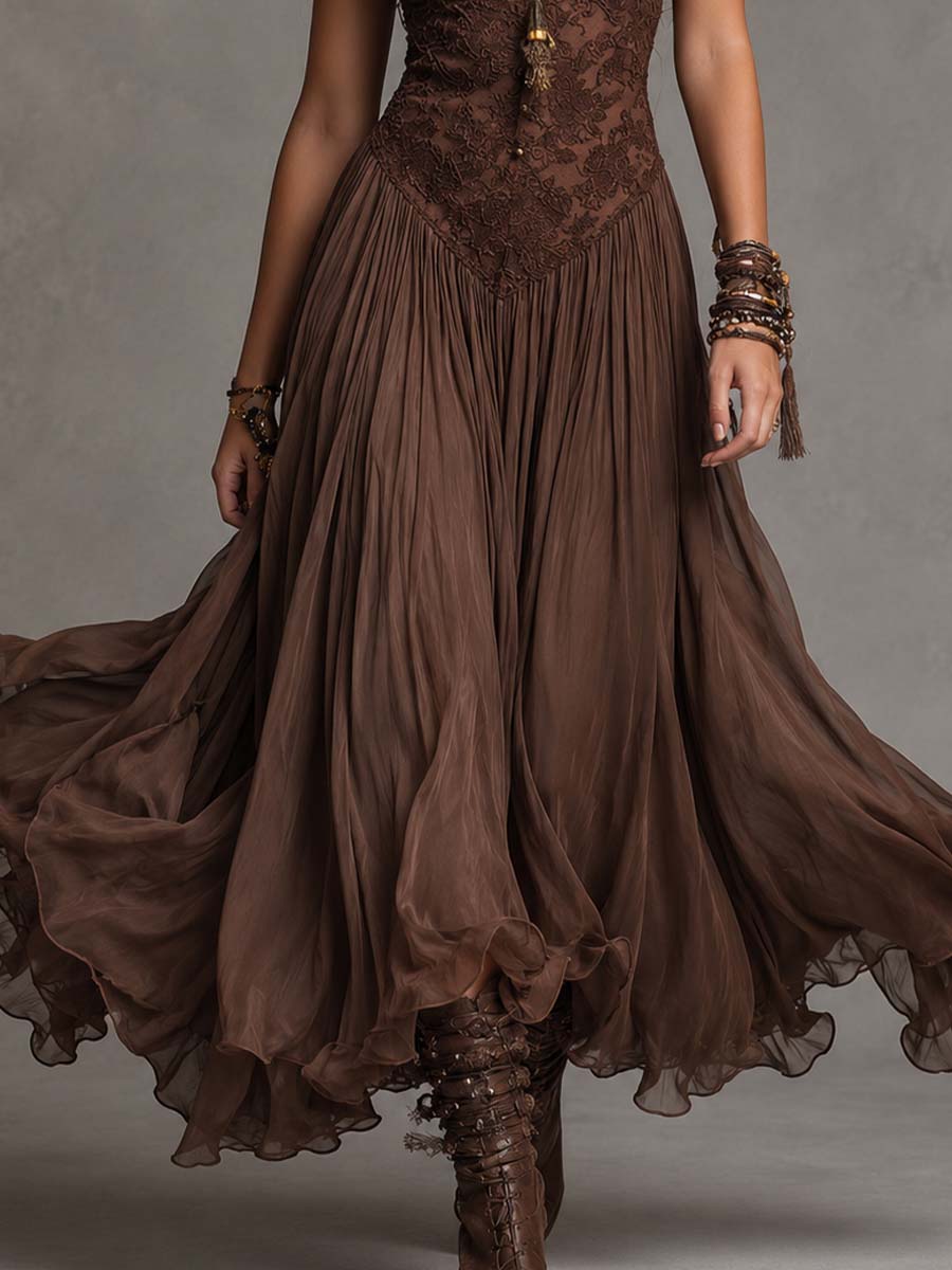 Federica | Maxi Dress in Chiffon and Brown Lace