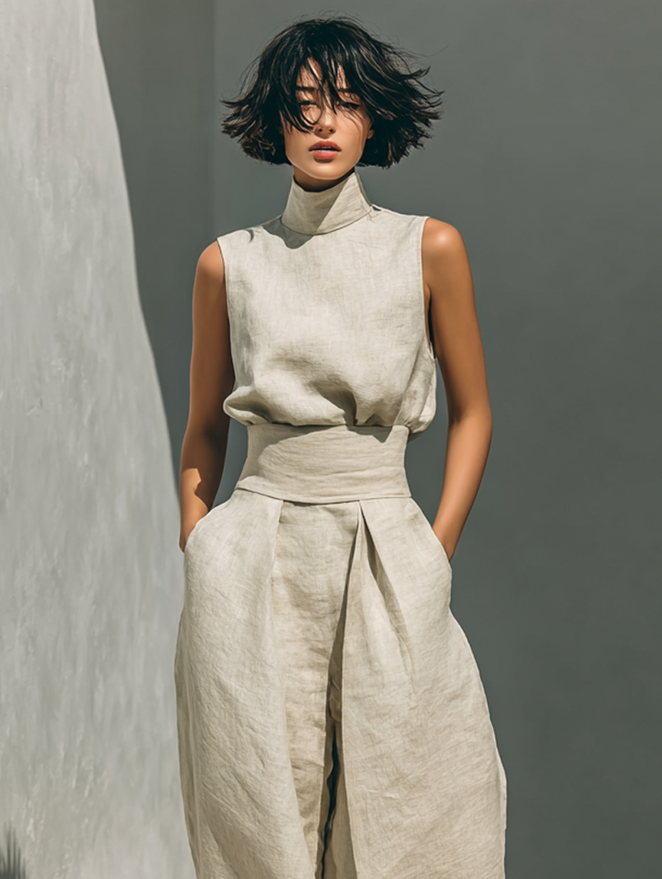 A set consisting of a sleeveless blouse and wide-leg pants made of a cotton-linen blend.