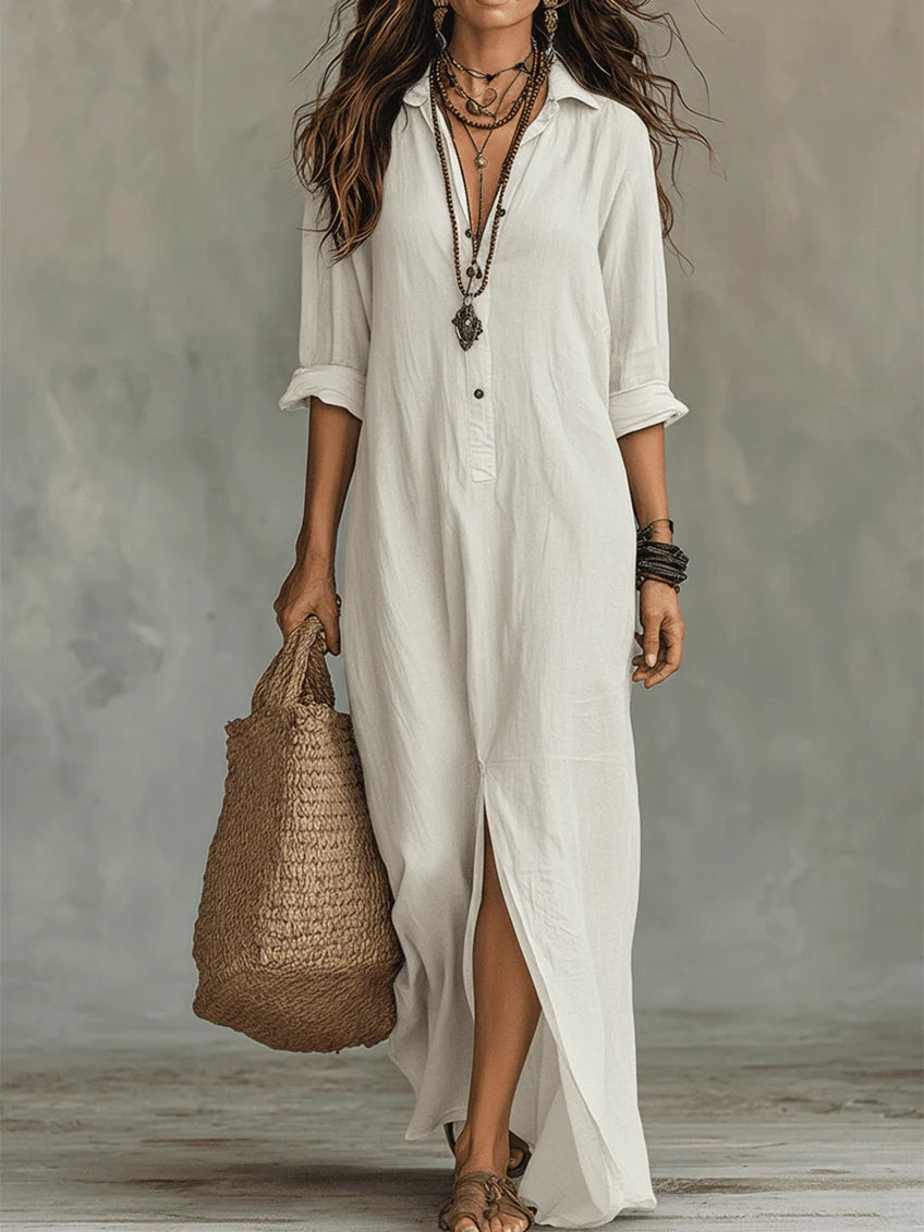 Soline | Loose-Fitting Black Long Dress with Buttons