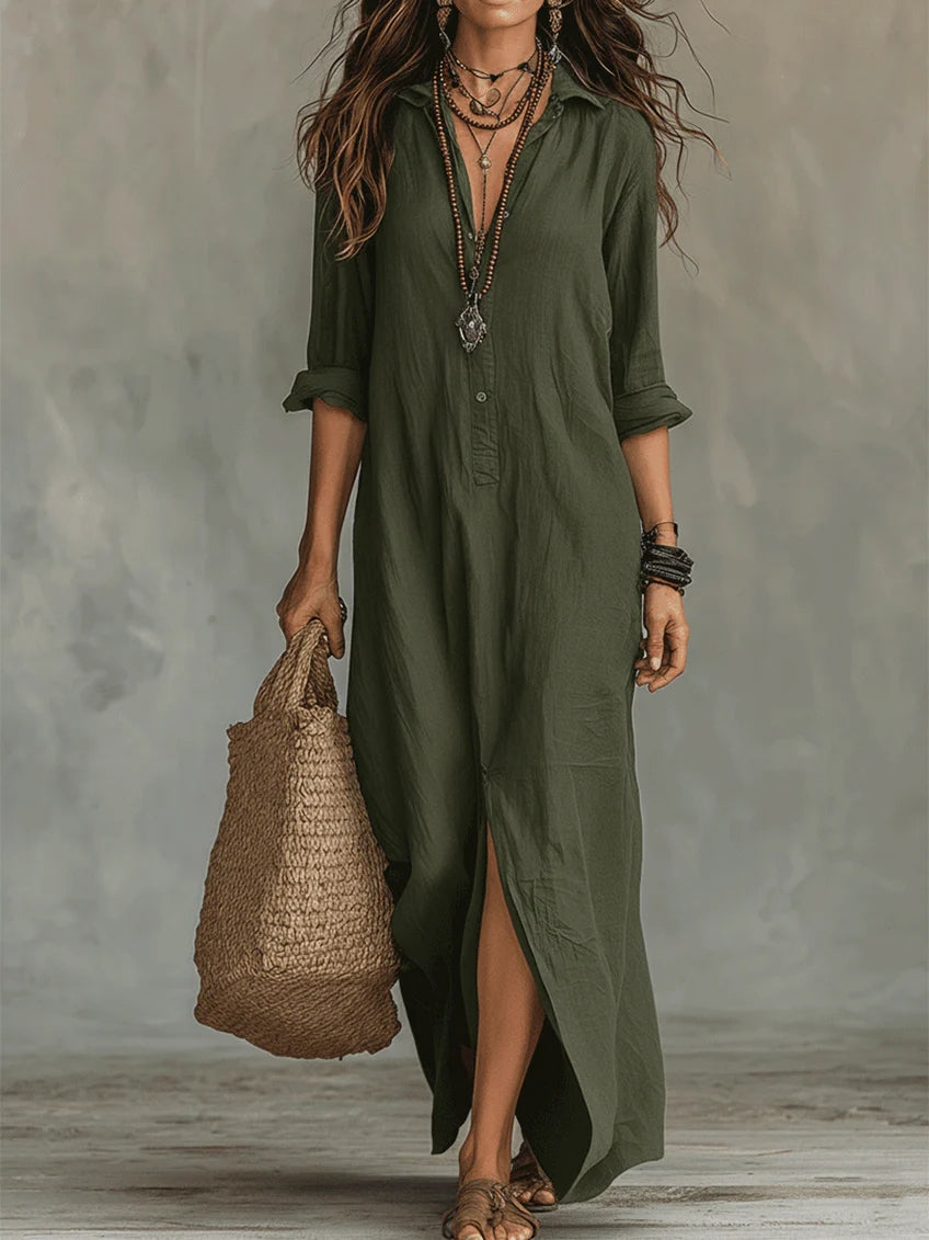 Soline | Loose-Fitting Black Long Dress with Buttons