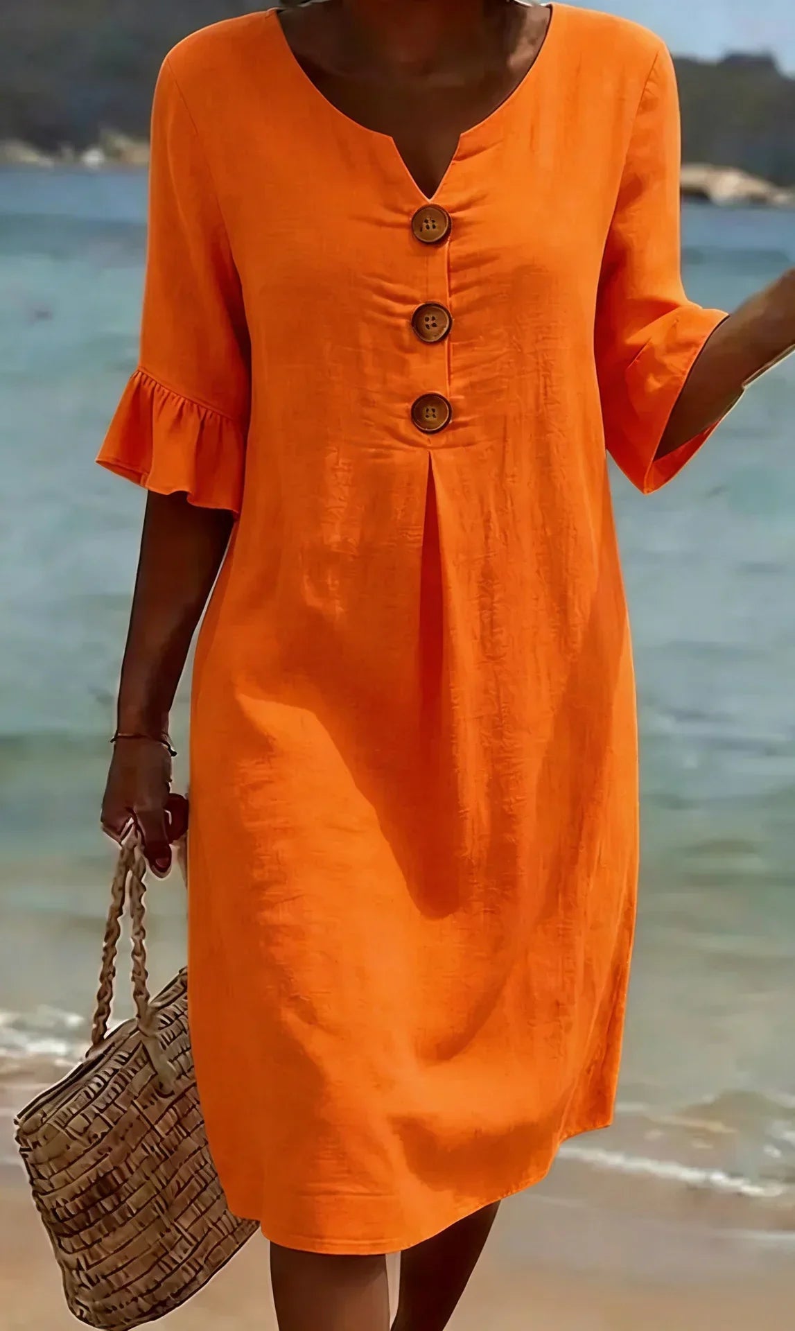 Vanesa | Textured Linen Dress with Puff Sleeves and Buttons