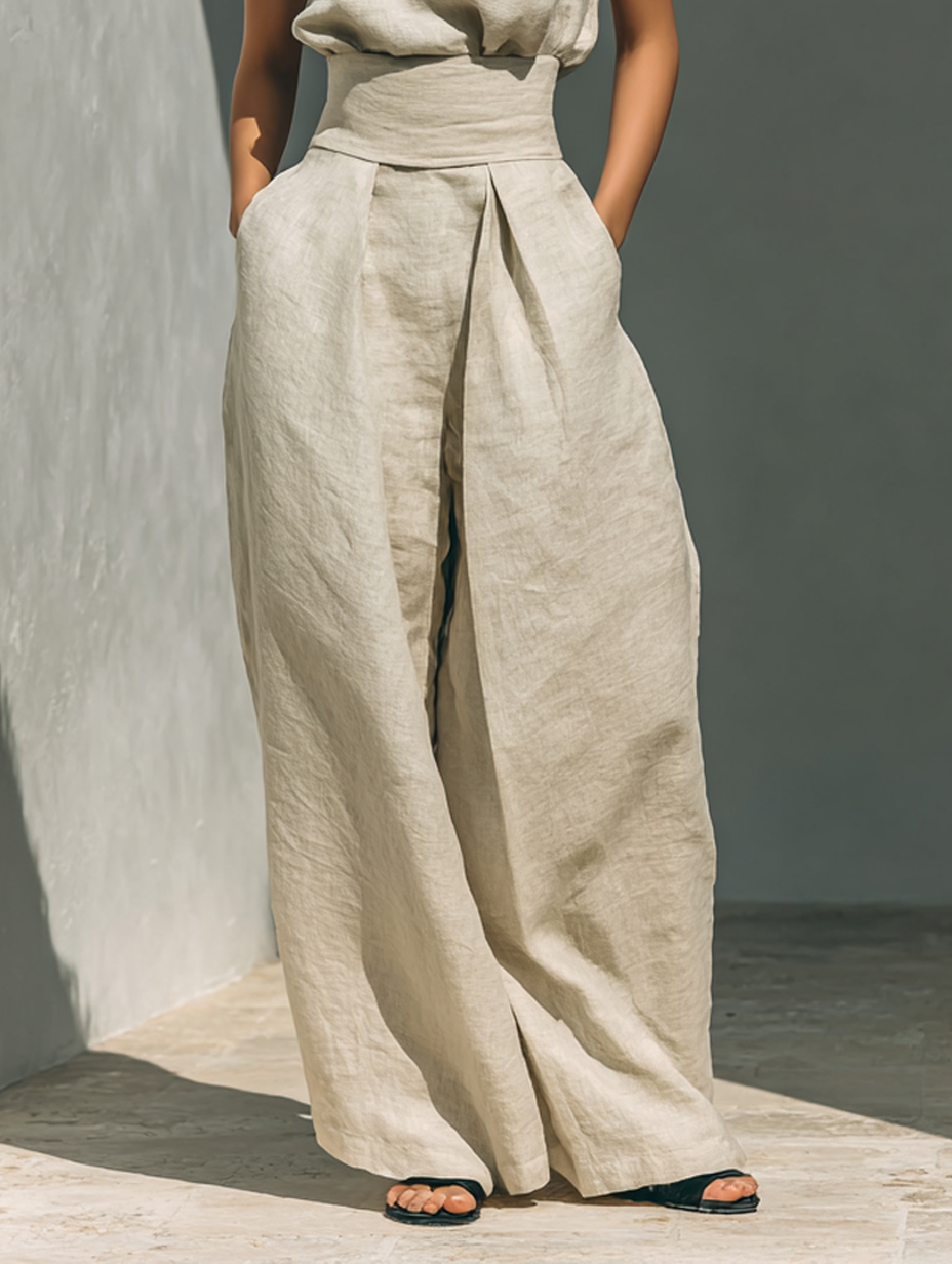 A set consisting of a sleeveless blouse and wide-leg pants made of a cotton-linen blend.