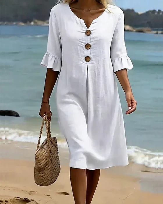 Vanesa | Textured Linen Dress with Puff Sleeves and Buttons