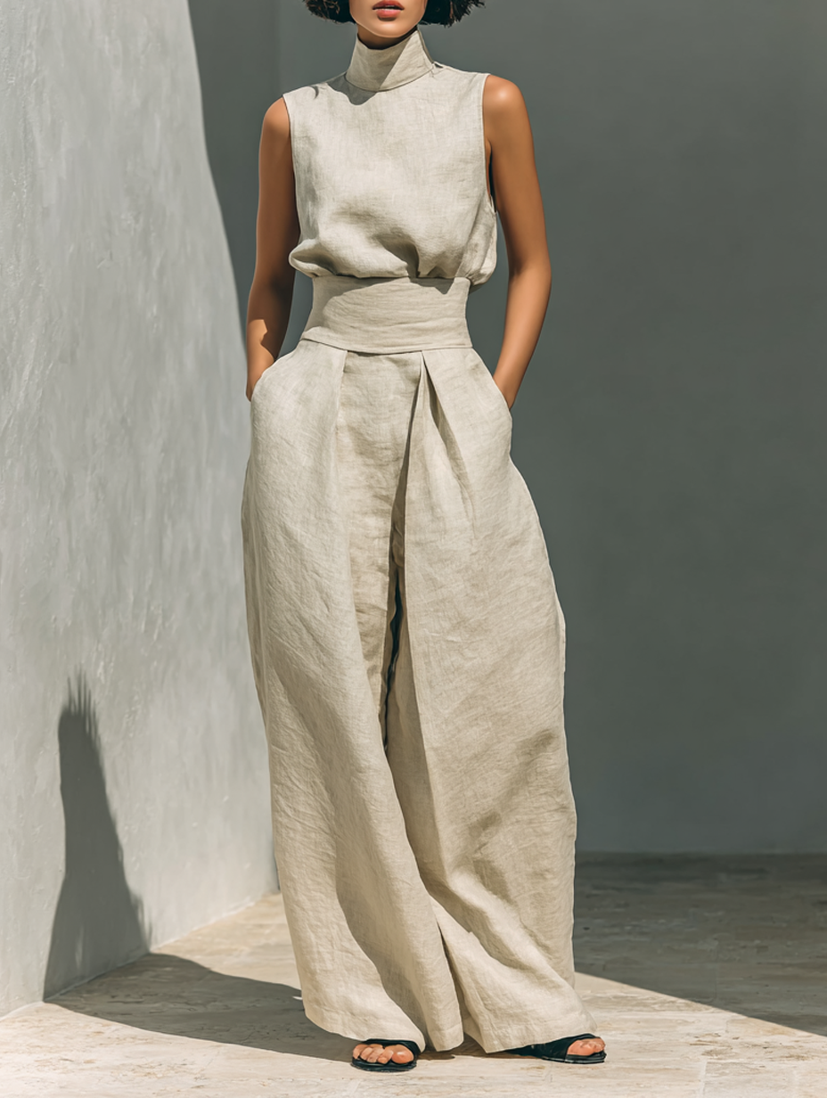 A set consisting of a sleeveless blouse and wide-leg pants made of a cotton-linen blend.