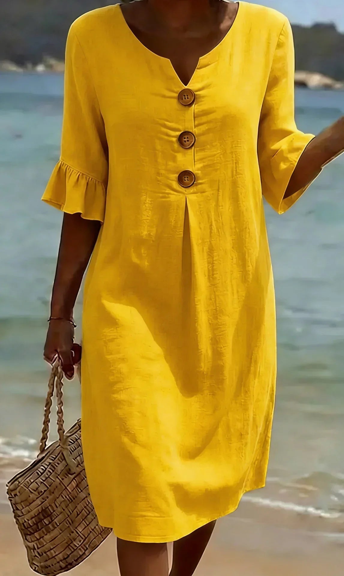Vanesa | Textured Linen Dress with Puff Sleeves and Buttons