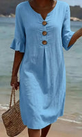 Vanesa | Textured Linen Dress with Puff Sleeves and Buttons