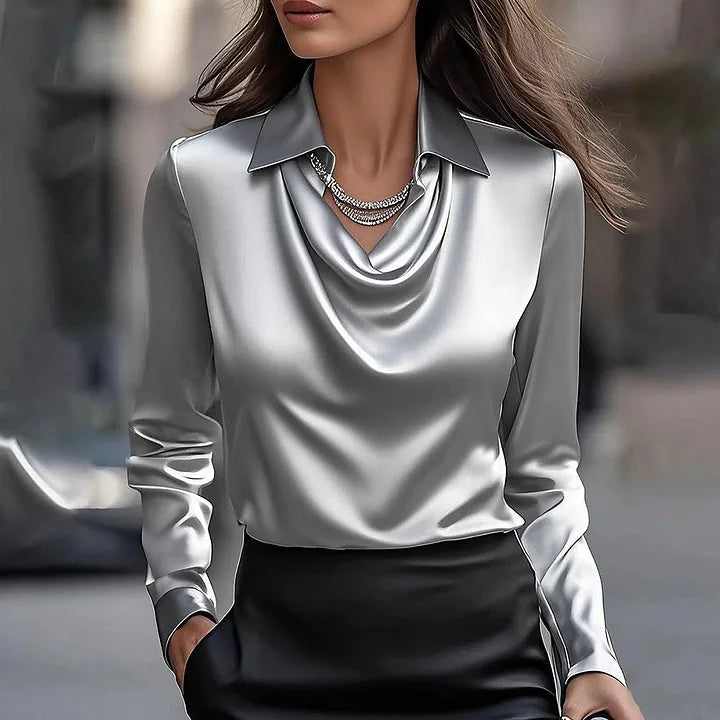 Satin Sweater with a Draped Neckline