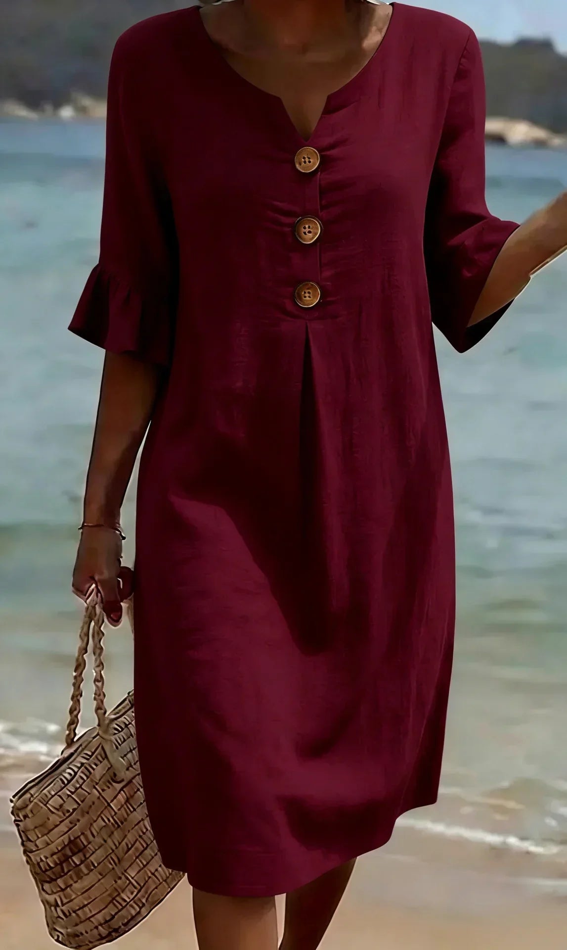 Vanesa | Textured Linen Dress with Puff Sleeves and Buttons