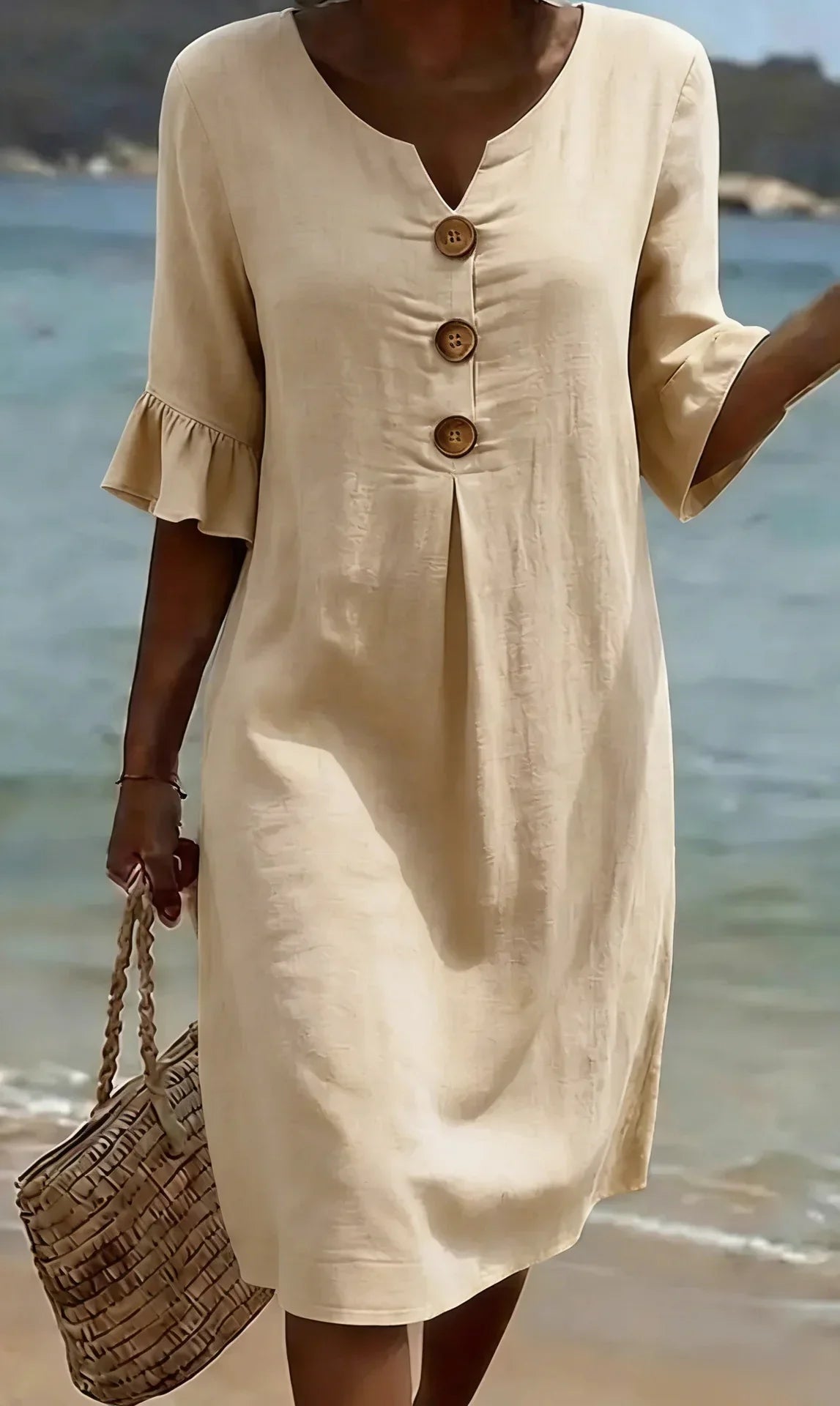 Vanesa | Textured Linen Dress with Puff Sleeves and Buttons