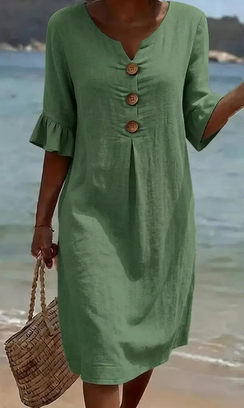 Vanesa | Textured Linen Dress with Puff Sleeves and Buttons