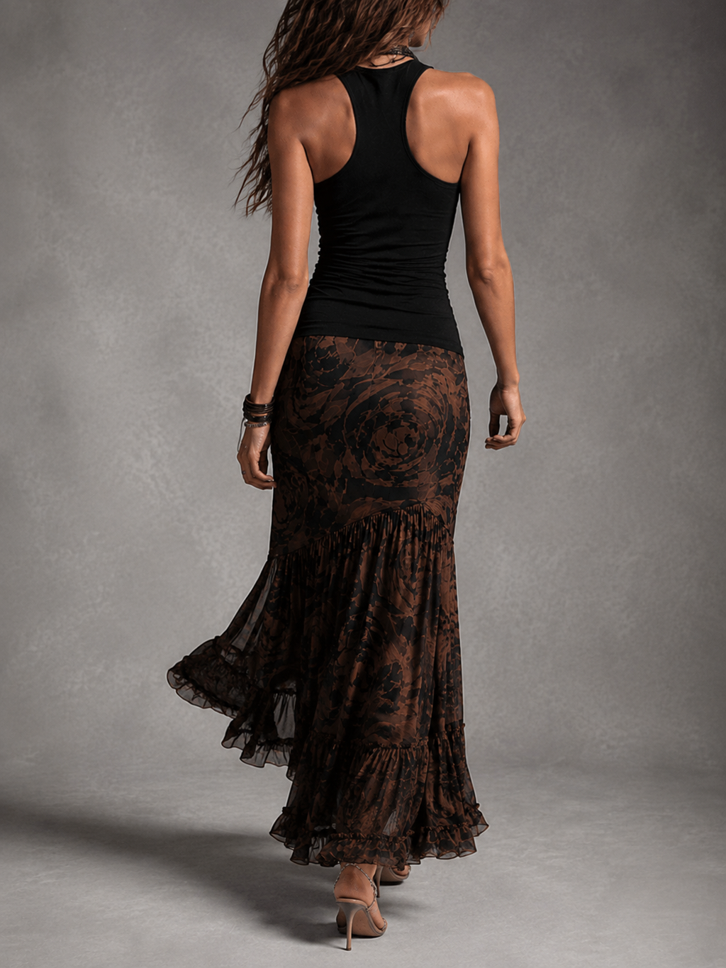 Rossana | Two-Piece Set: Black Halter Top and Rose Mesh Maxi Skirt