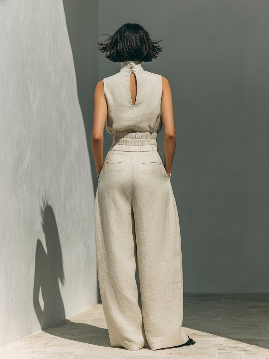 A set consisting of a sleeveless blouse and wide-leg pants made of a cotton-linen blend.