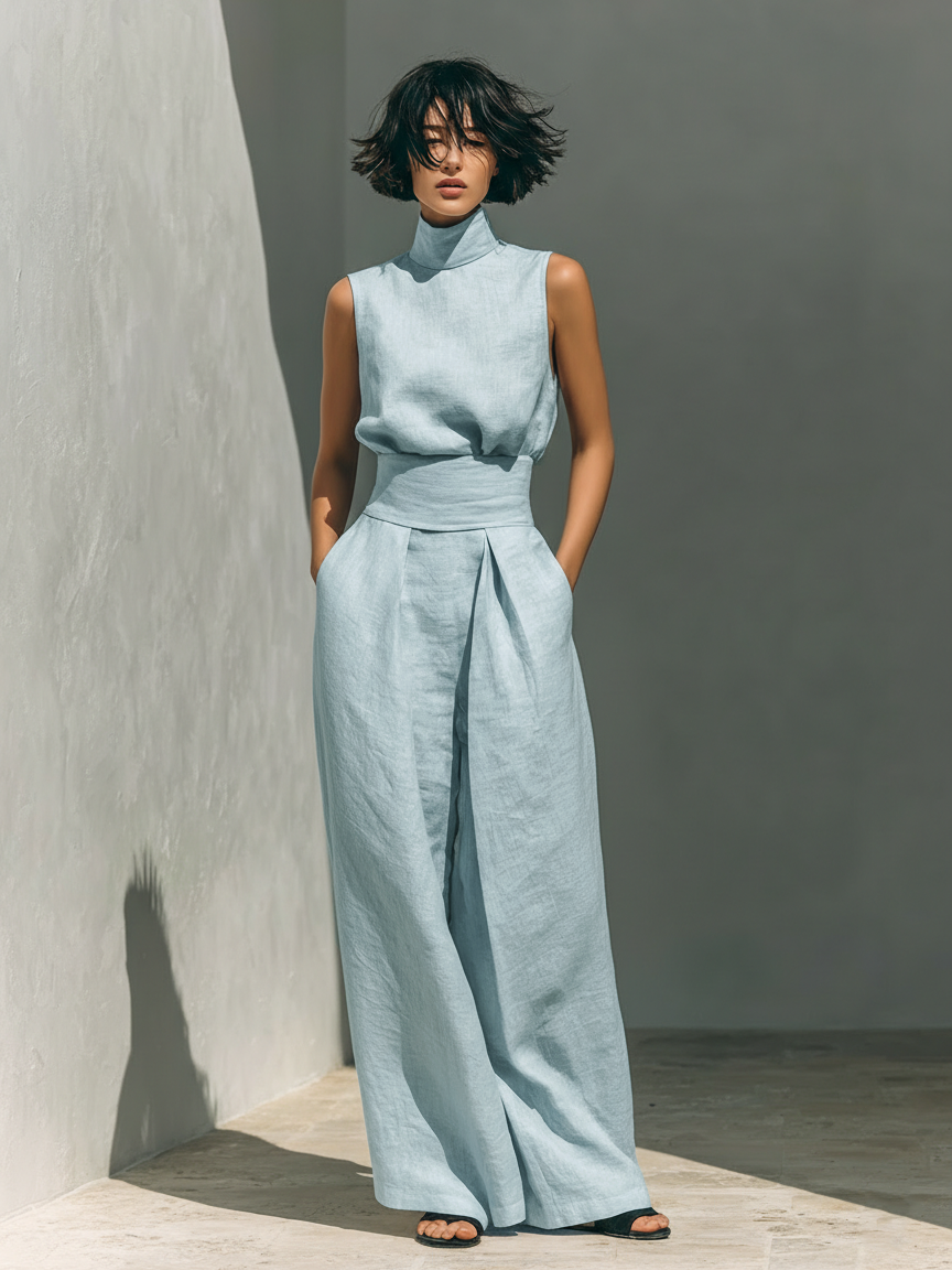A set consisting of a sleeveless blouse and wide-leg pants made of a cotton-linen blend.