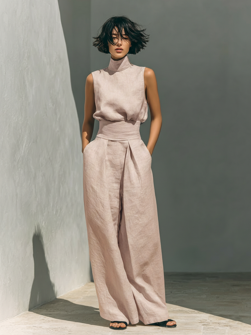 A set consisting of a sleeveless blouse and wide-leg pants made of a cotton-linen blend.