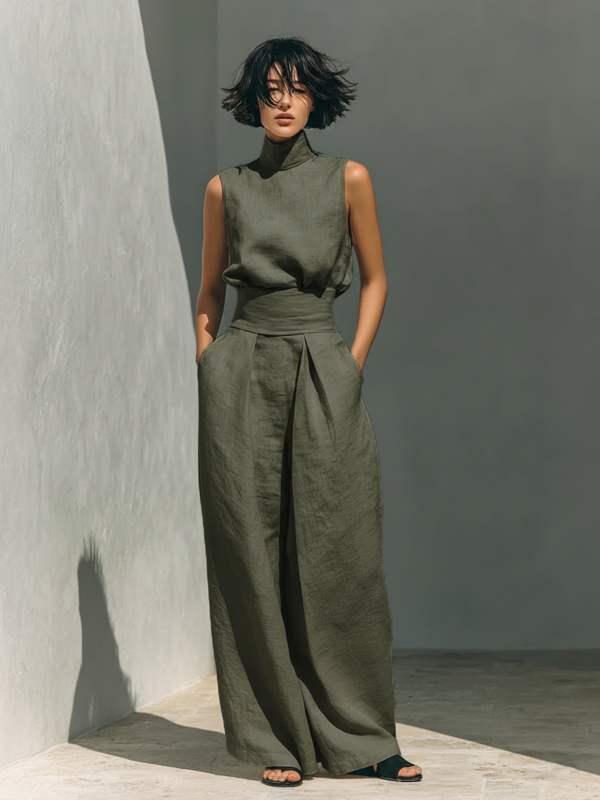 A set consisting of a sleeveless blouse and wide-leg pants made of a cotton-linen blend.