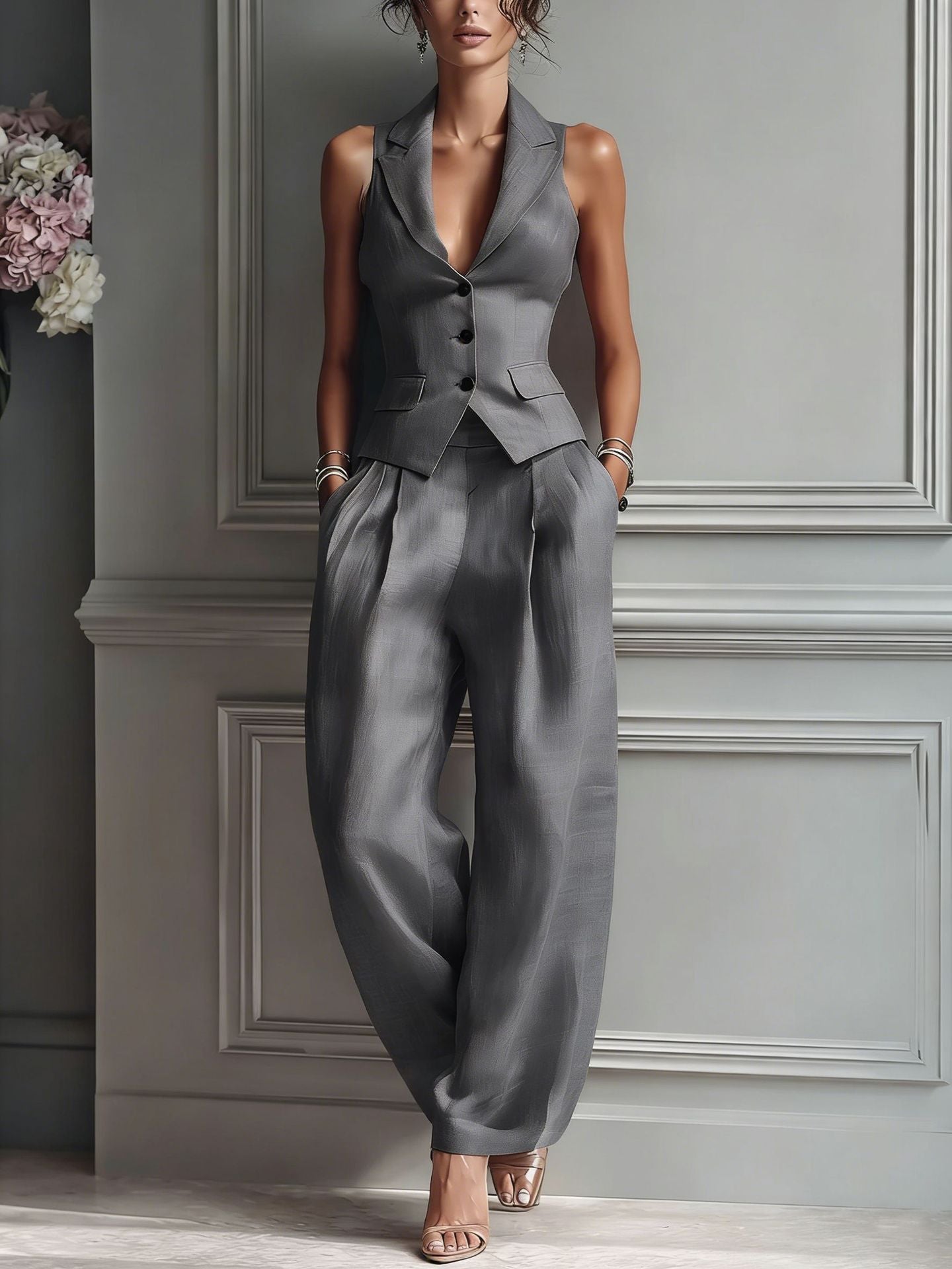 Women's two-piece set with a V-neck and buttons