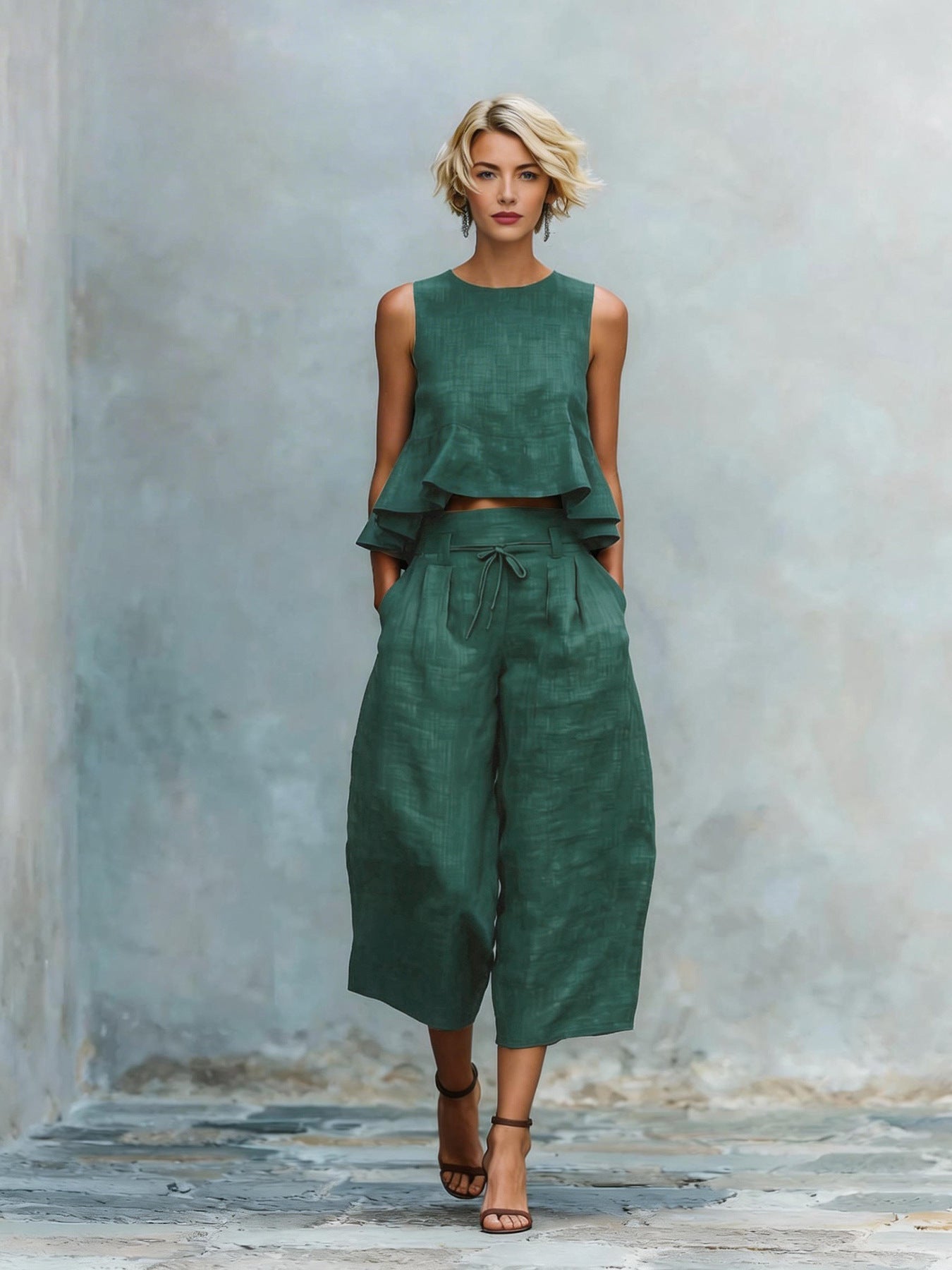Women's two-piece suit with a gathered hem