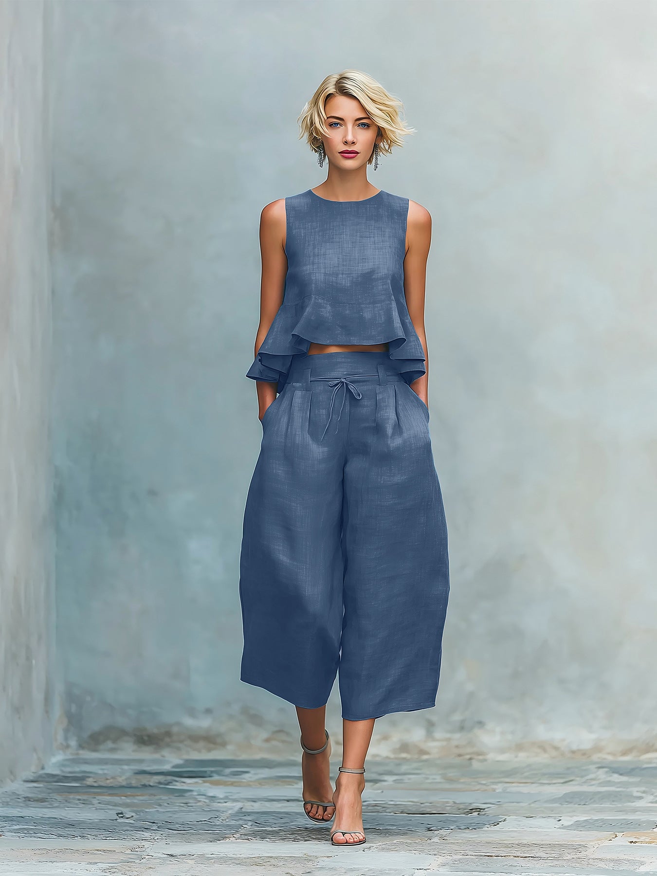 Women's two-piece suit with a gathered hem