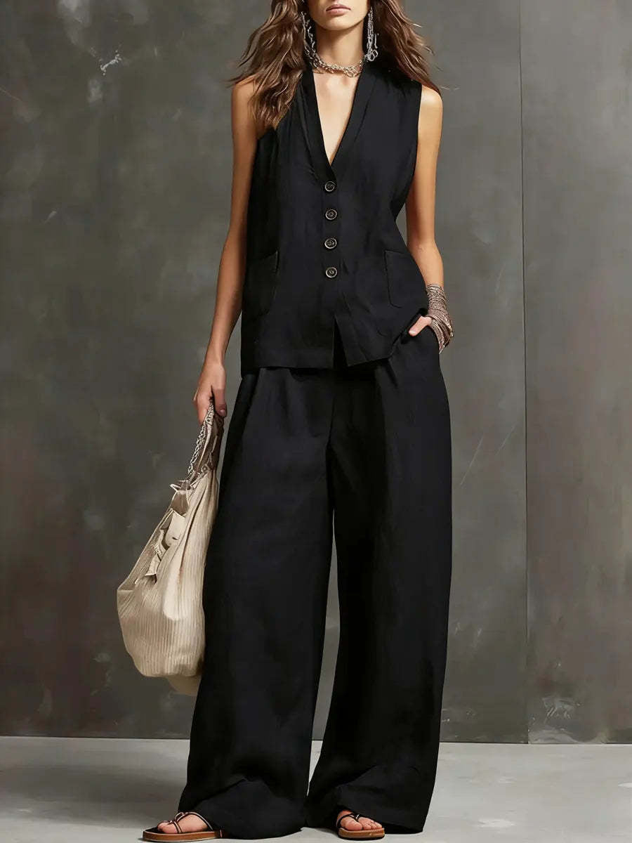 Two-piece cotton and linen set with a sleeveless vest and wide-leg pants