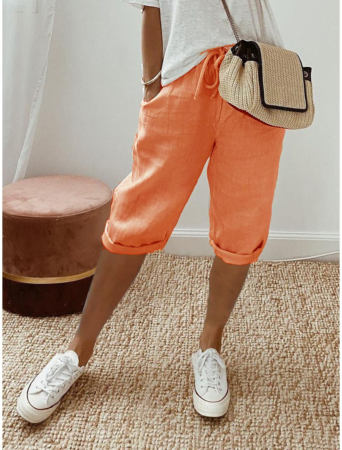 Casual cotton and linen capri pants for women