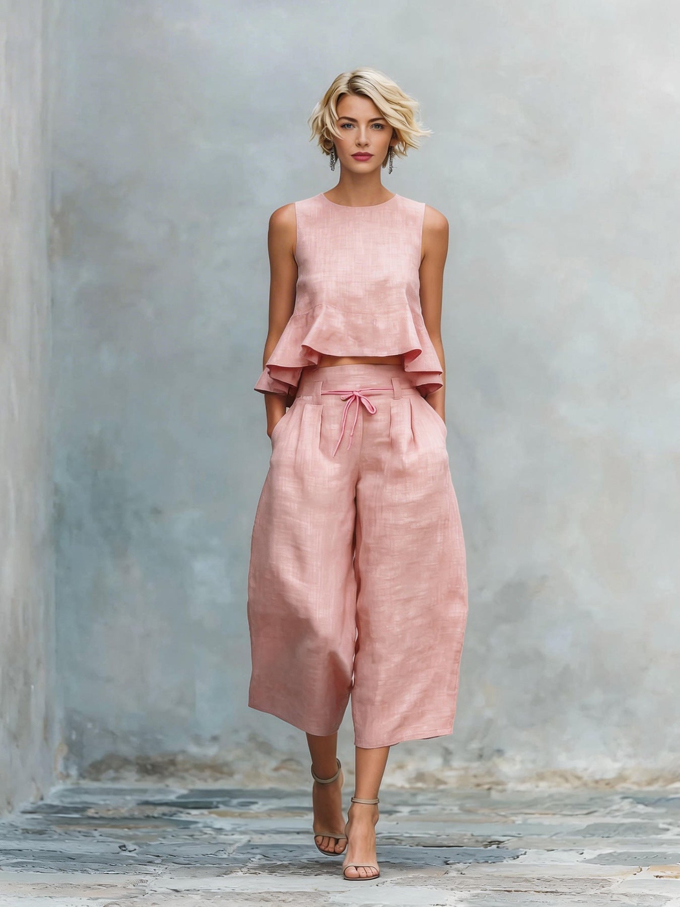 Women's two-piece suit with a gathered hem