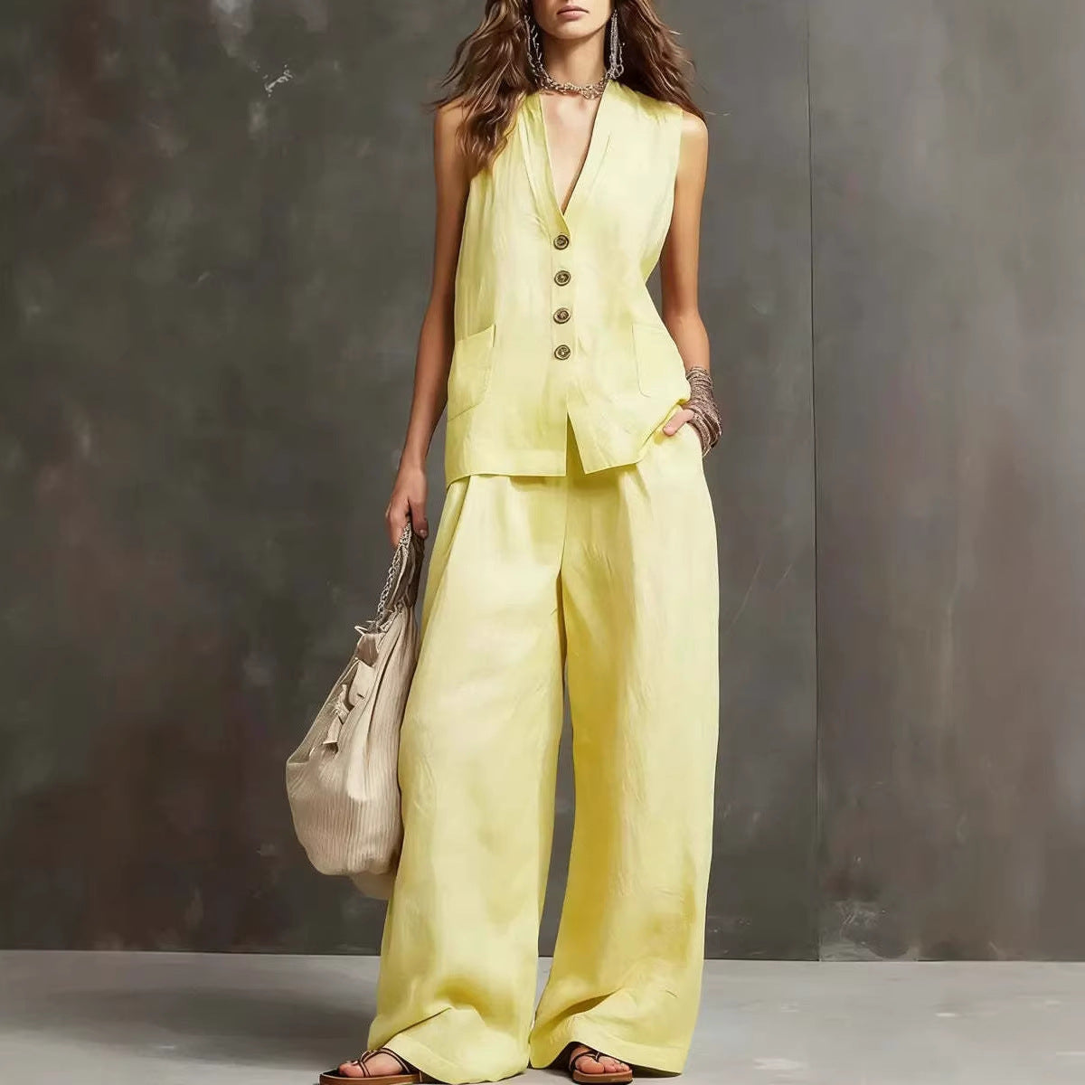 Two-piece cotton and linen set with a sleeveless vest and wide-leg pants
