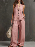 Two-piece cotton and linen set with a sleeveless vest and wide-leg pants