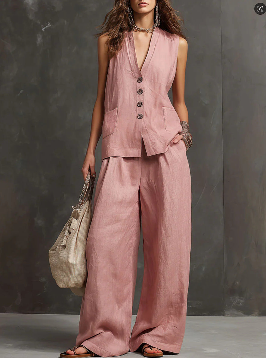 Two-piece cotton and linen set with a sleeveless vest and wide-leg pants
