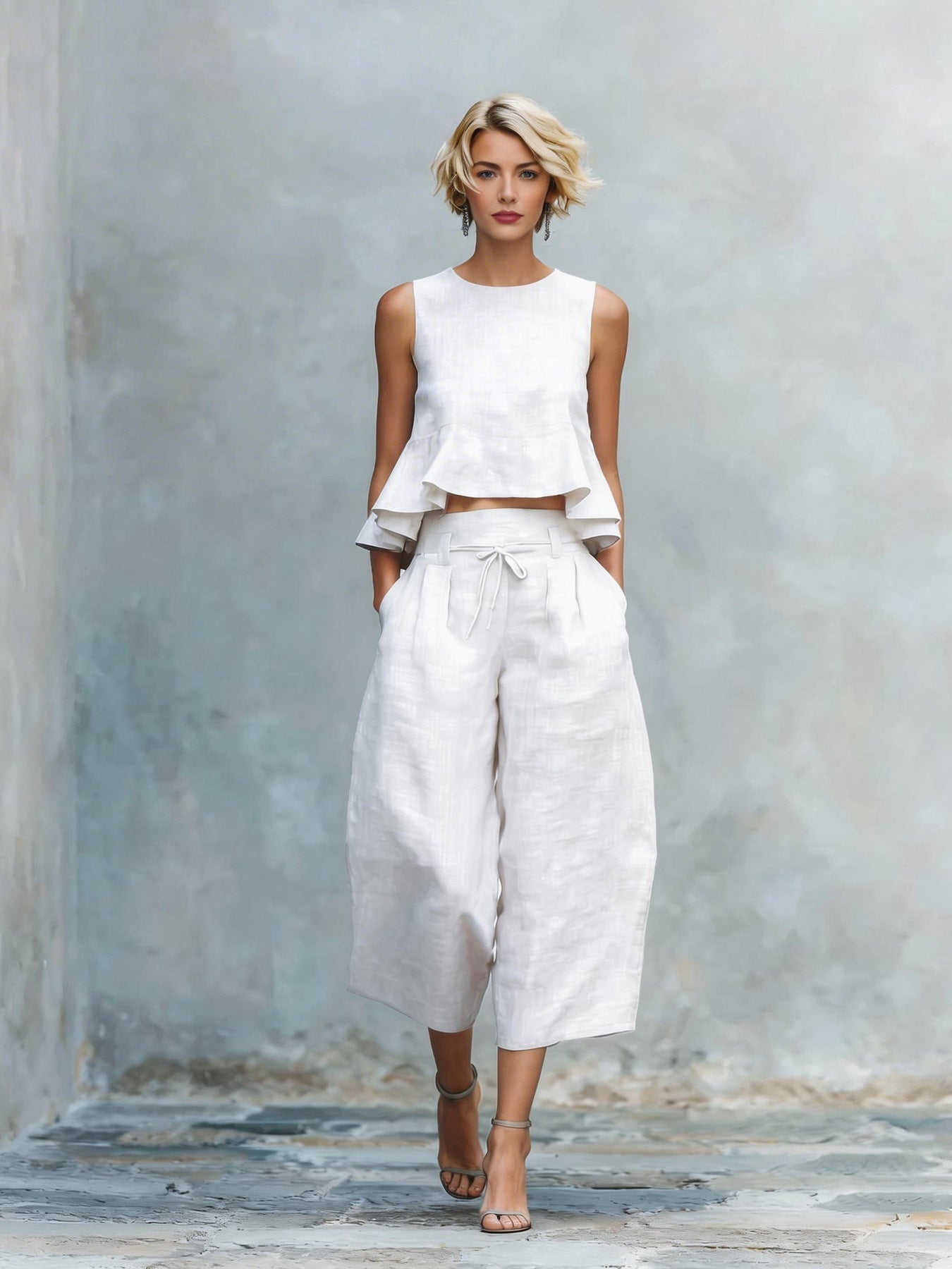 Women's two-piece suit with a gathered hem
