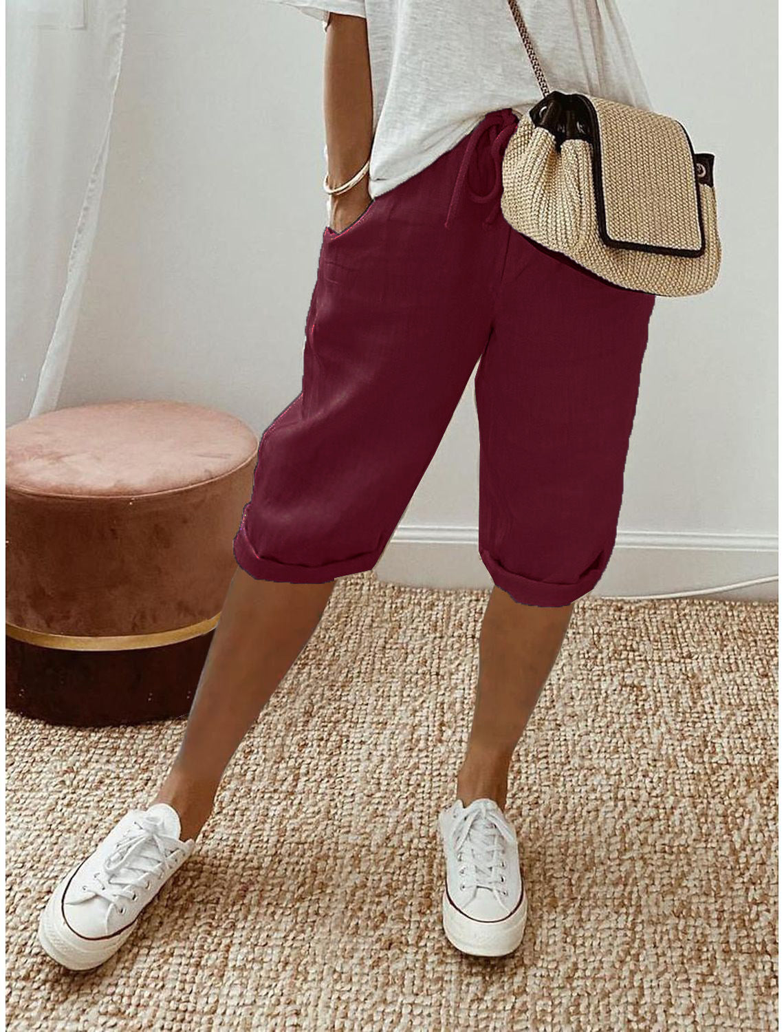 Casual cotton and linen capri pants for women