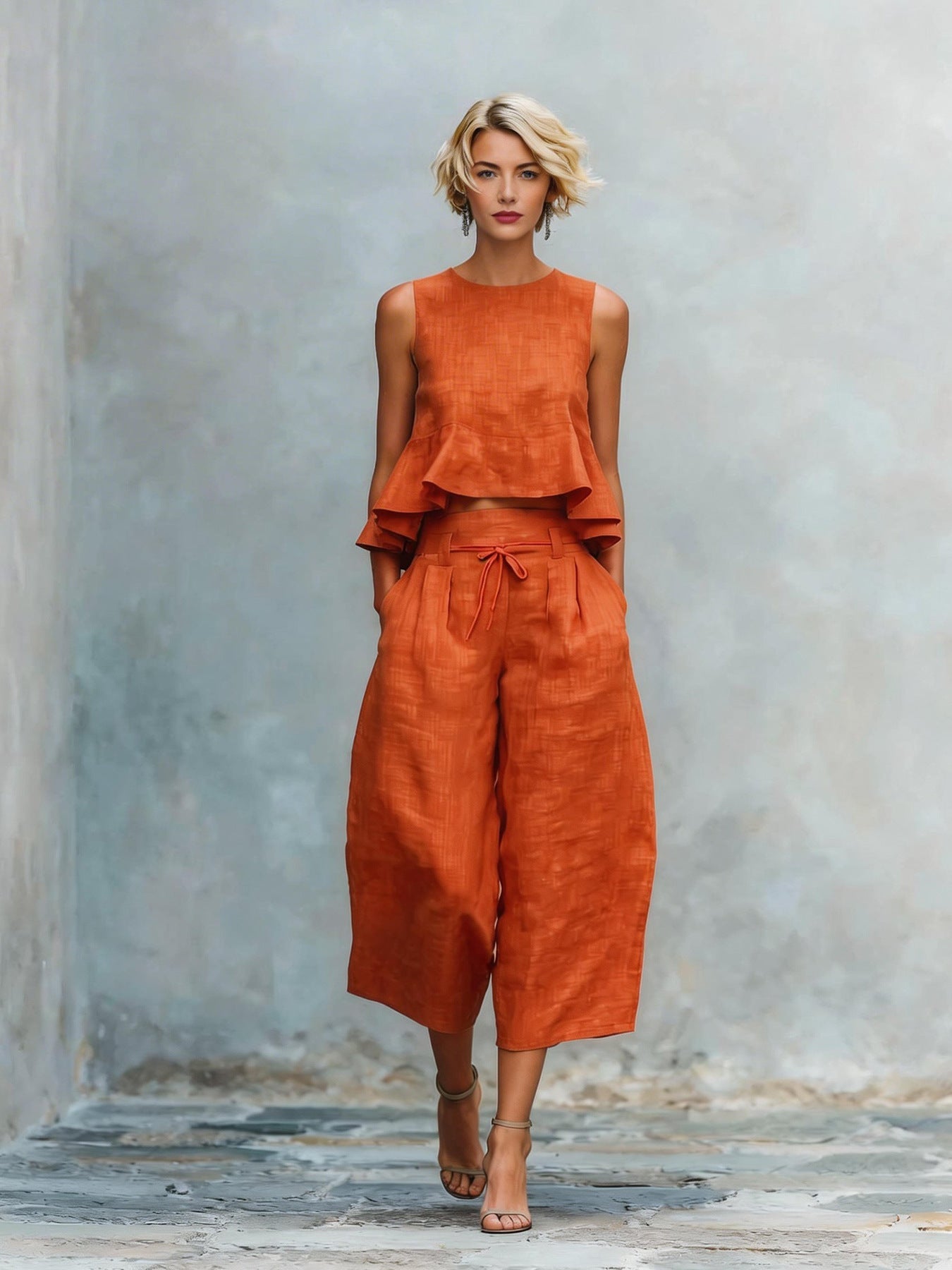 Women's two-piece suit with a gathered hem