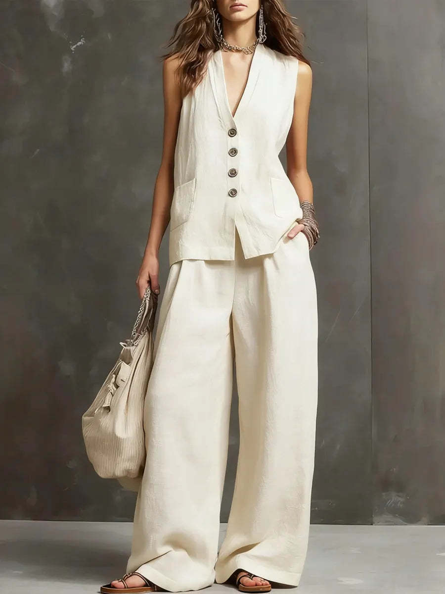 Two-piece cotton and linen set with a sleeveless vest and wide-leg pants