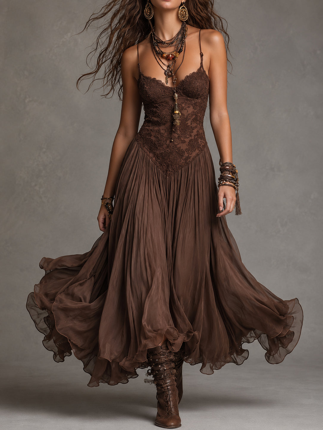 Federica | Maxi Dress in Chiffon and Brown Lace