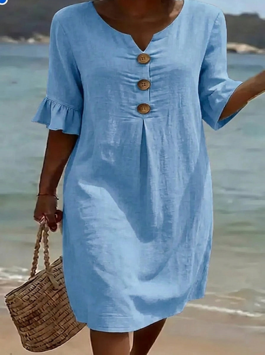 Vanesa | Textured Linen Dress with Puff Sleeves and Buttons