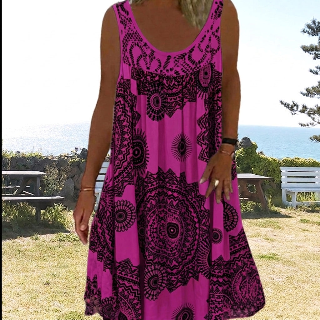 Printed sleeveless round-neck dress for women