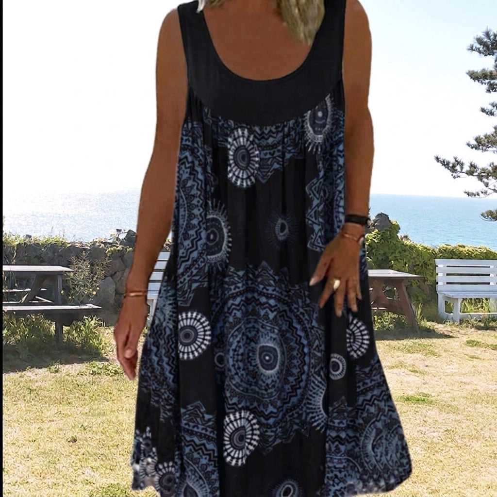 Printed sleeveless round-neck dress for women