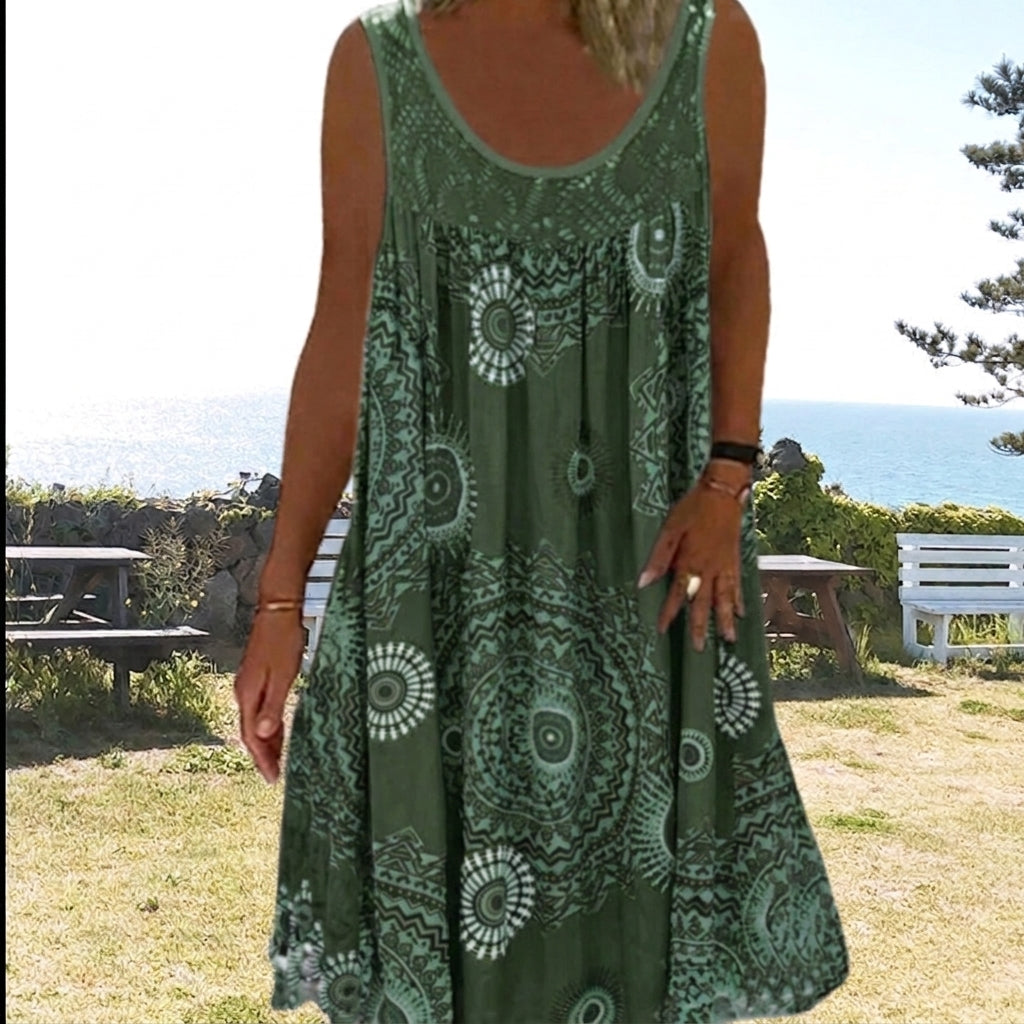Printed sleeveless round-neck dress for women