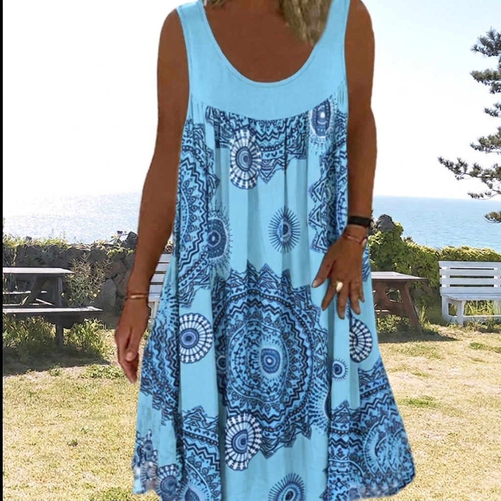 Printed sleeveless round-neck dress for women