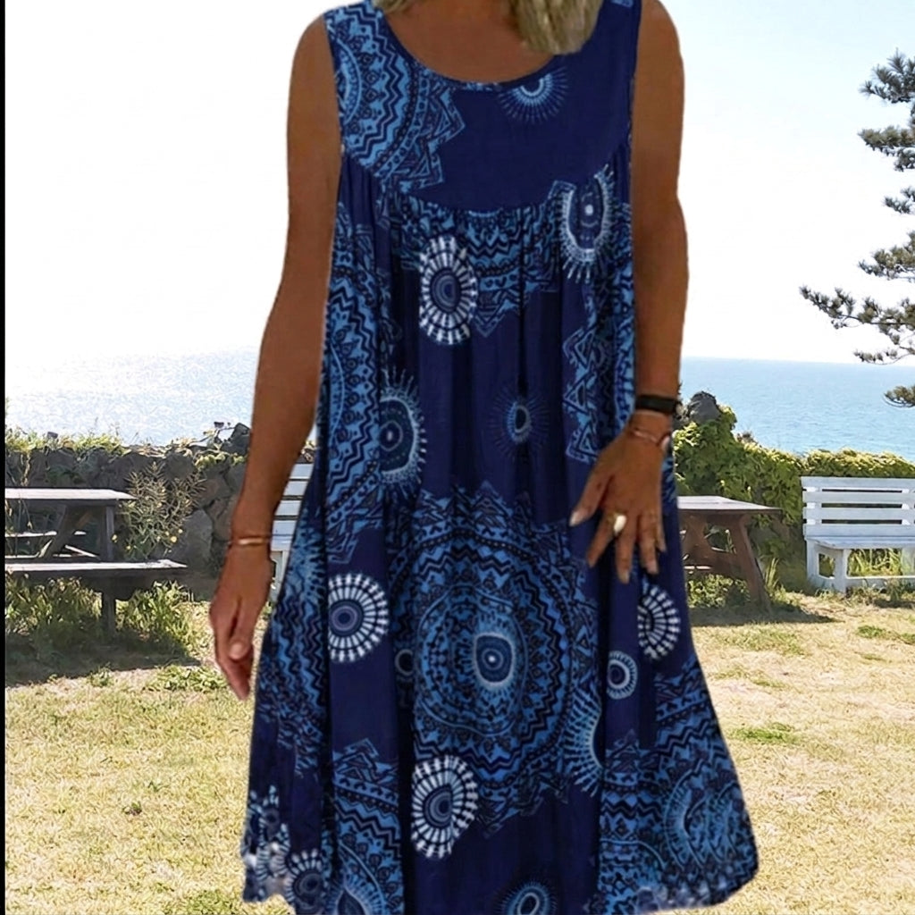 Printed sleeveless round-neck dress for women