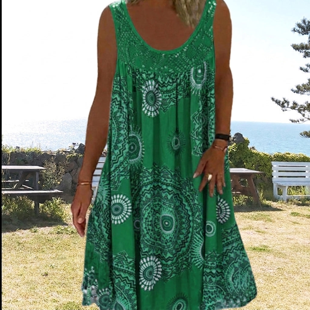 Printed sleeveless round-neck dress for women