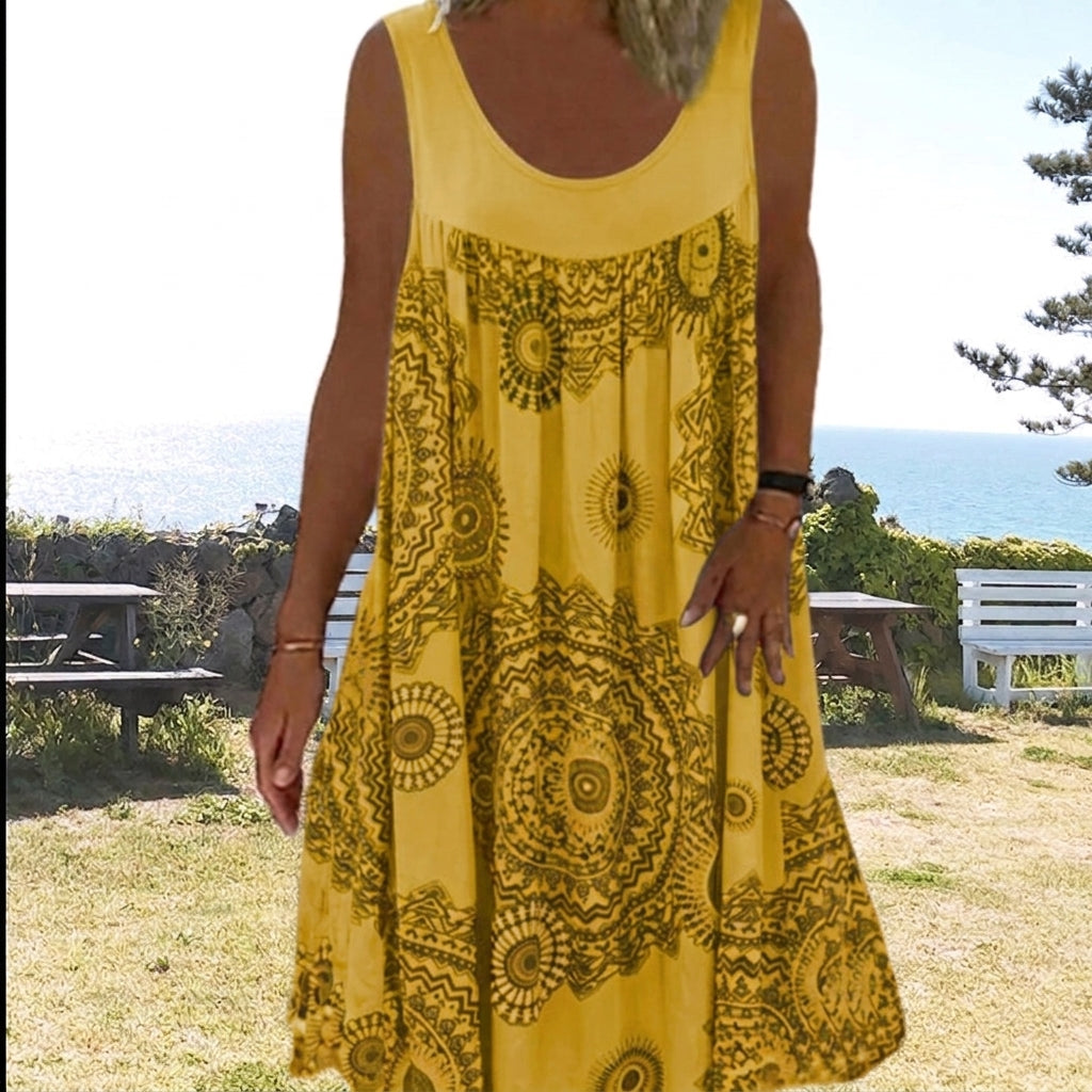 Printed sleeveless round-neck dress for women