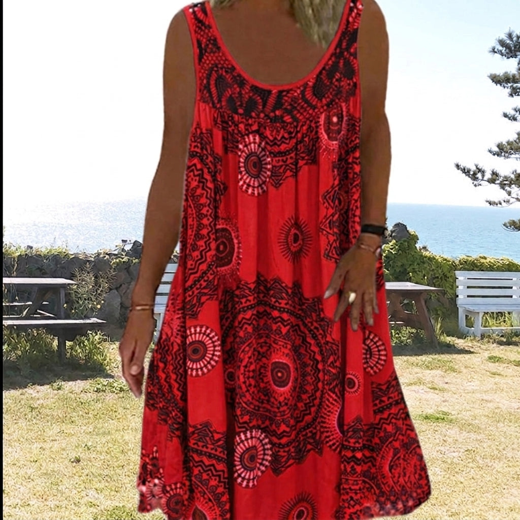 Printed sleeveless round-neck dress for women