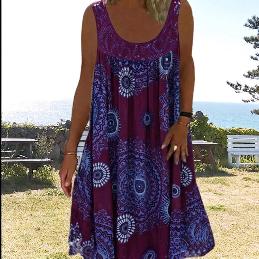 Printed sleeveless round-neck dress for women