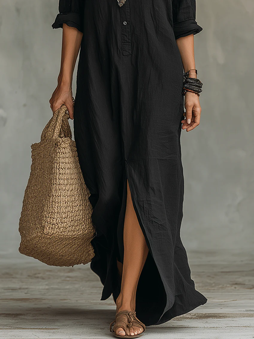 Soline | Loose-Fitting Black Long Dress with Buttons