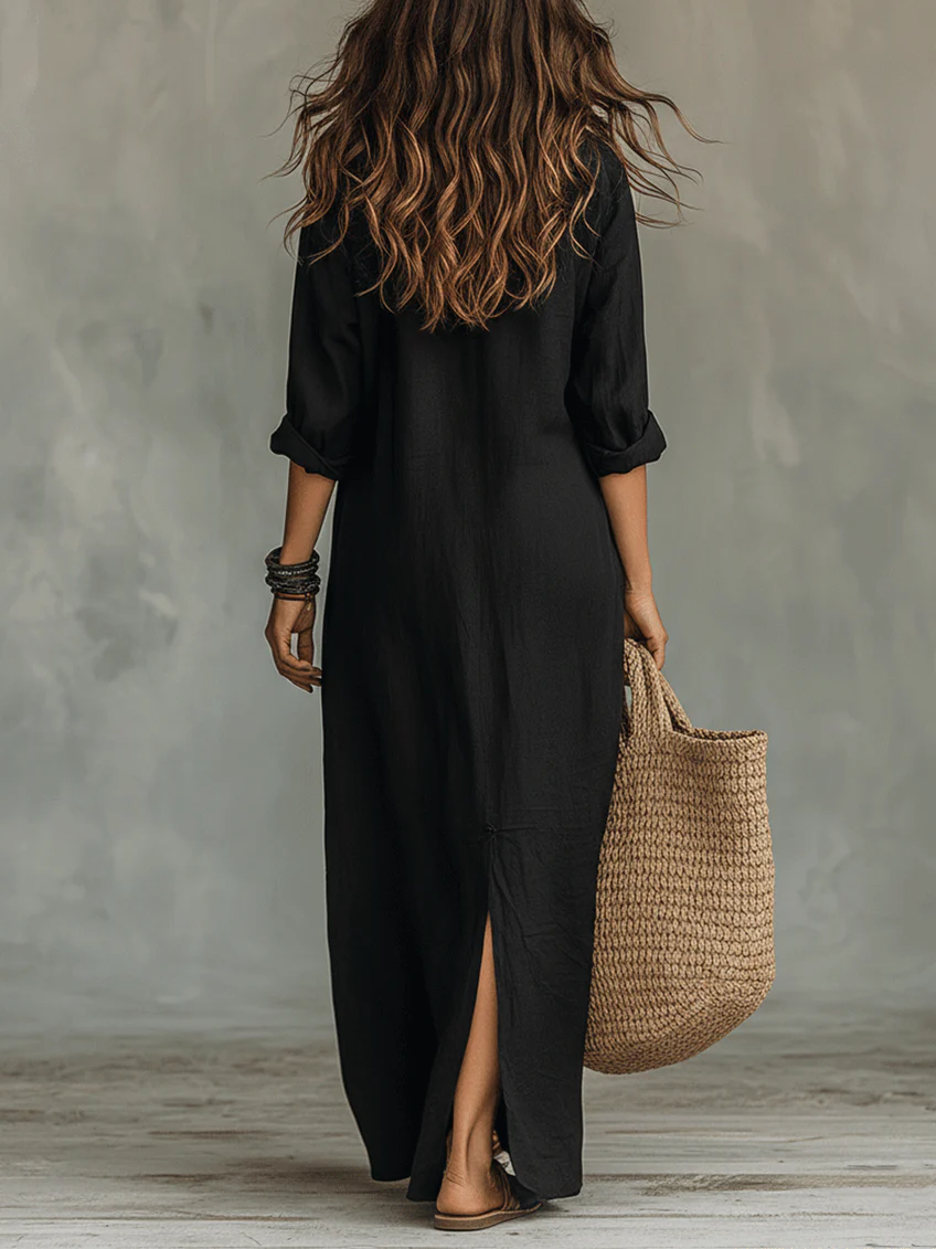 Soline | Loose-Fitting Black Long Dress with Buttons