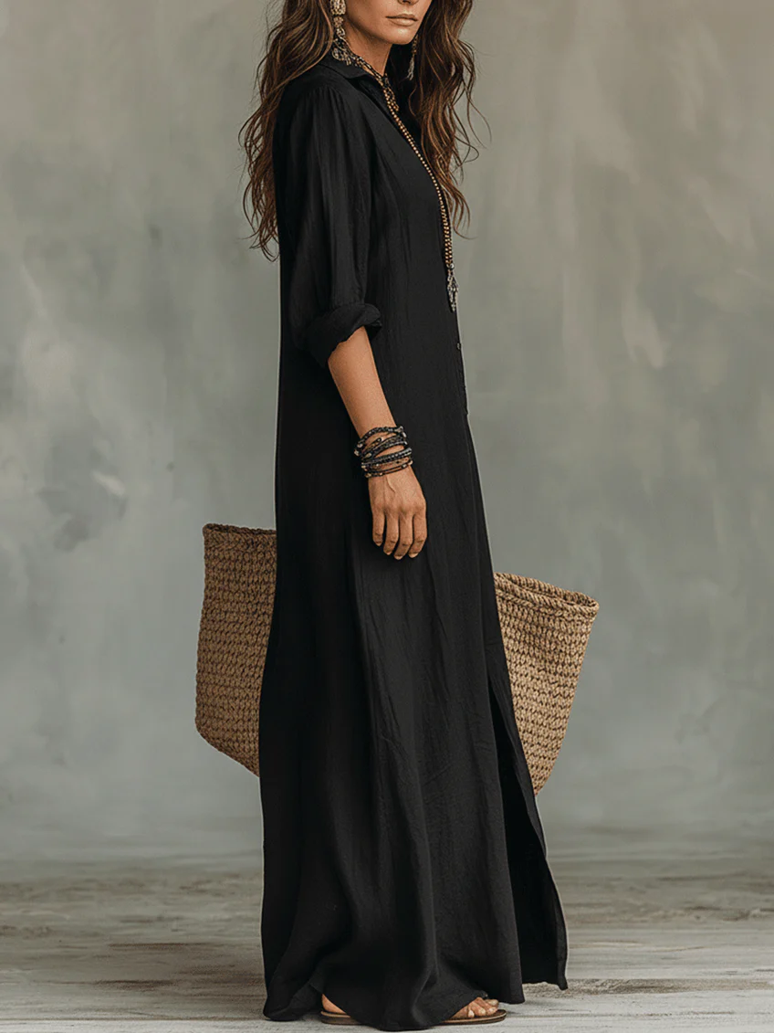 Soline | Loose-Fitting Black Long Dress with Buttons